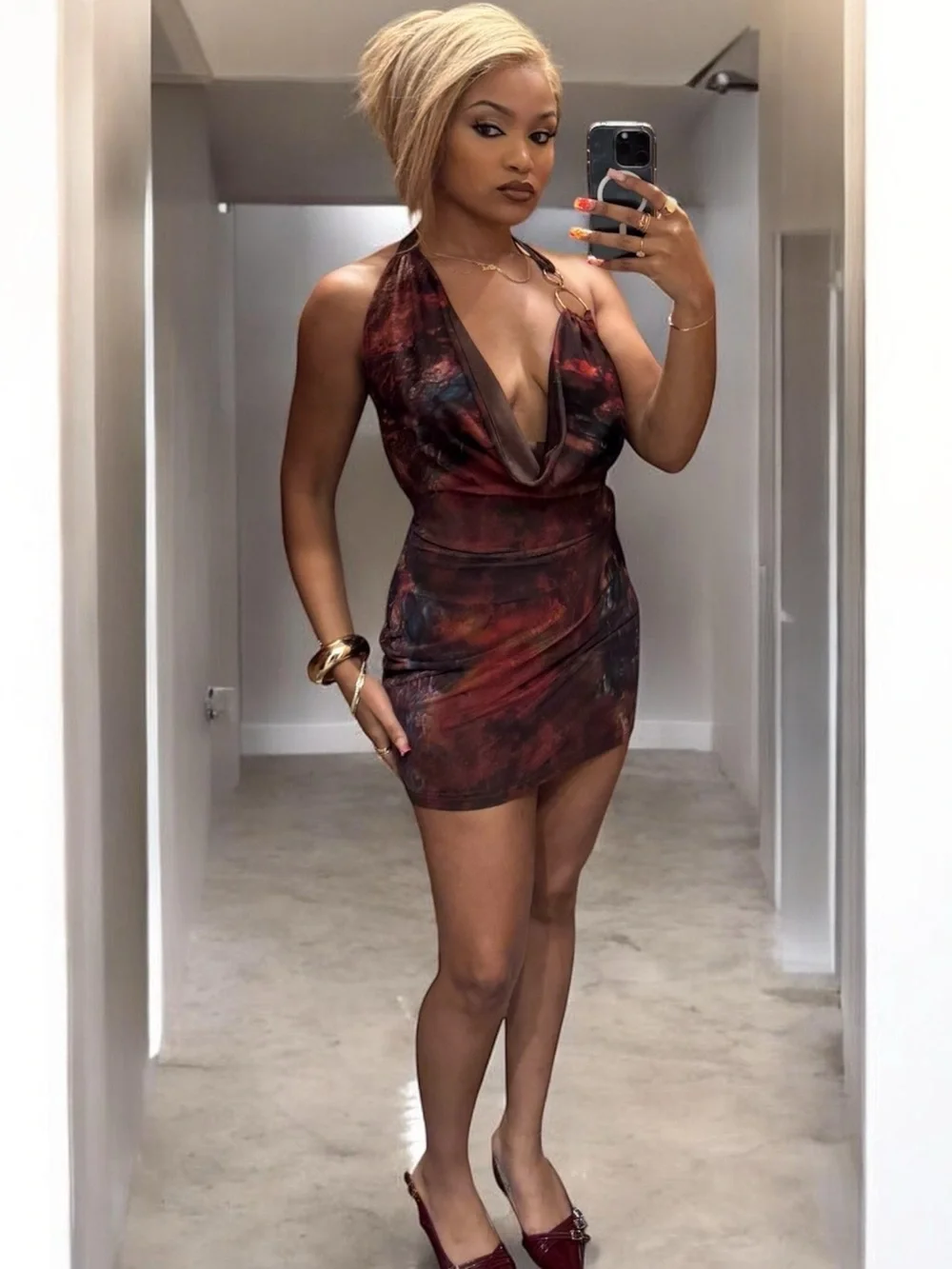 Deep V Halter Mini Dress in Burgundy Red